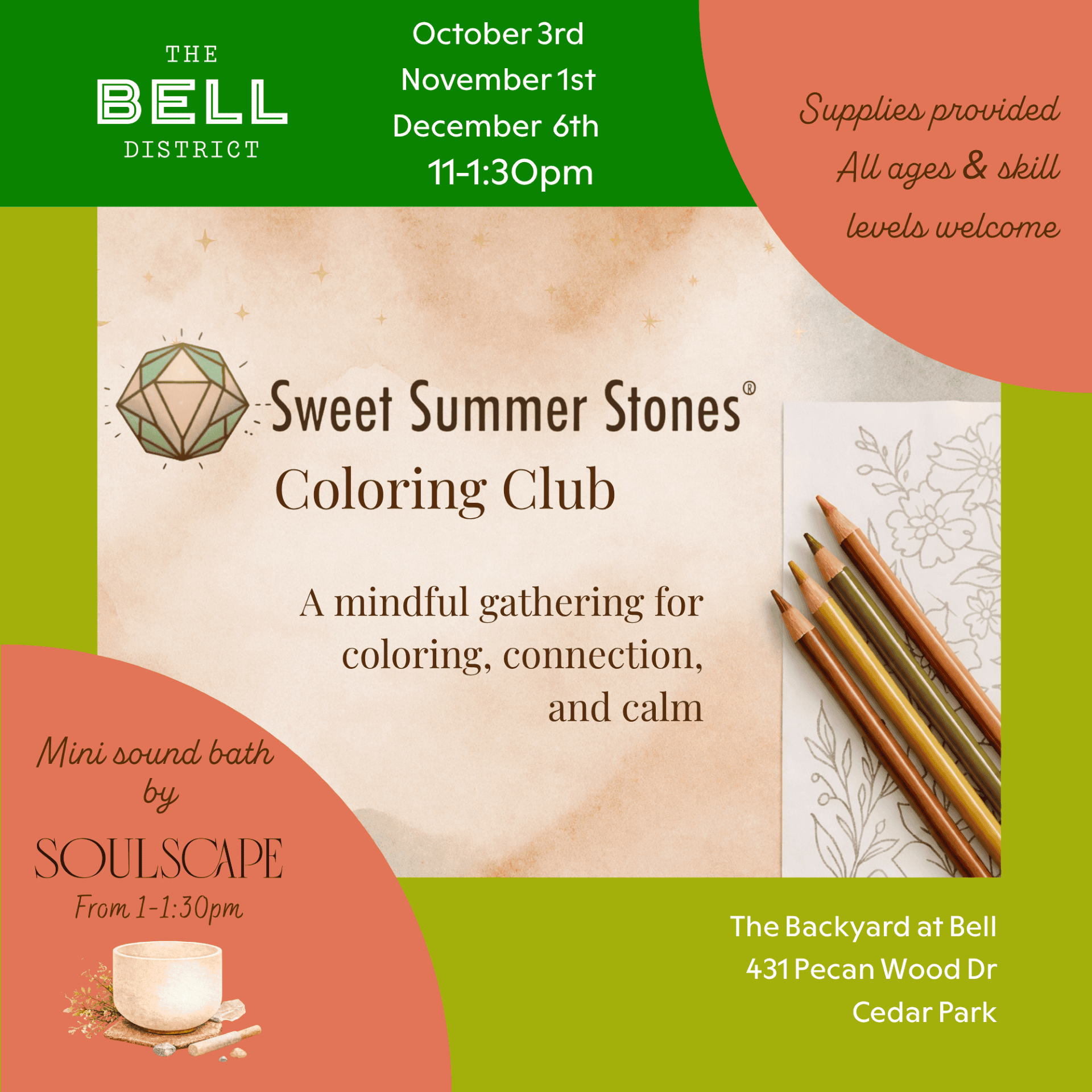Coloring club event at The Bell District with coloring supplies and sound bath.