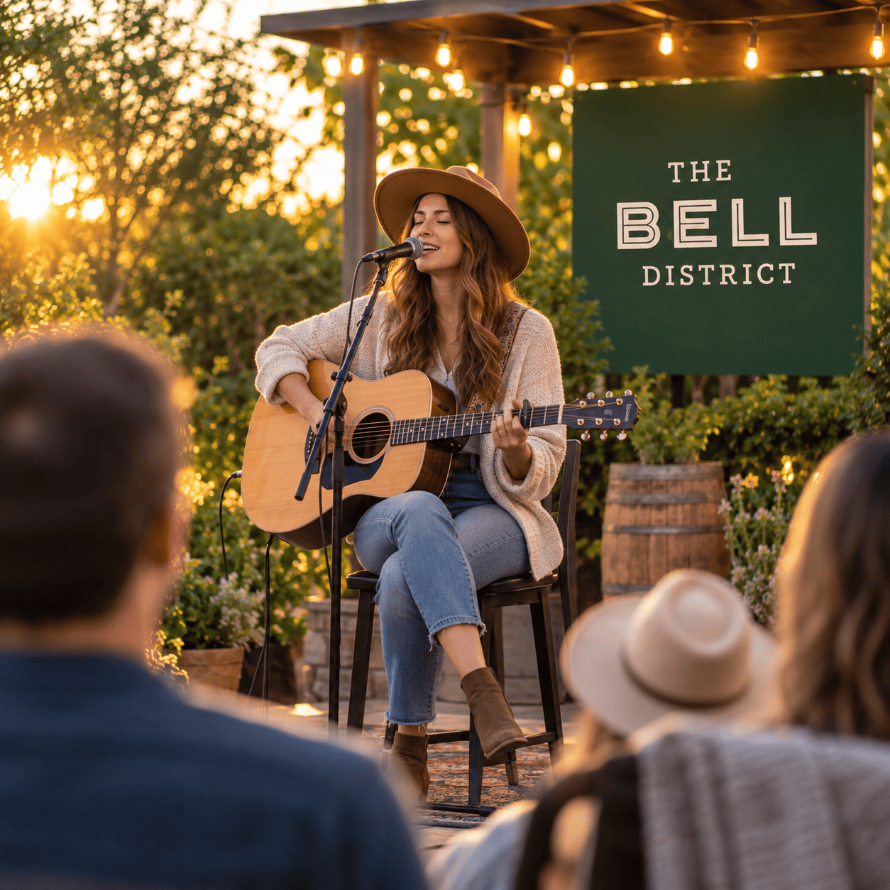 Female musician performing with guitar at The Bell District outdoor event.